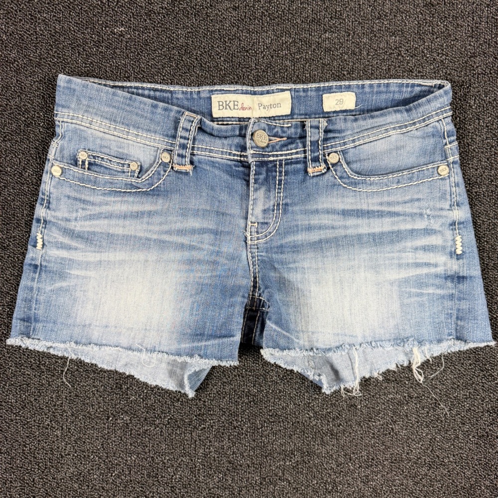 BKE Payton Low Rise Denim Cut Off Shorts Women's 29 Blue Light Wash Distressed